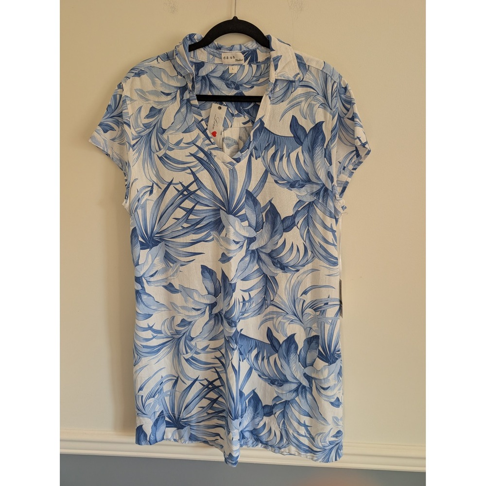 Dash Studio Women Blue White Tropical Leaf Linen Blend V-Neck shift Dress Large